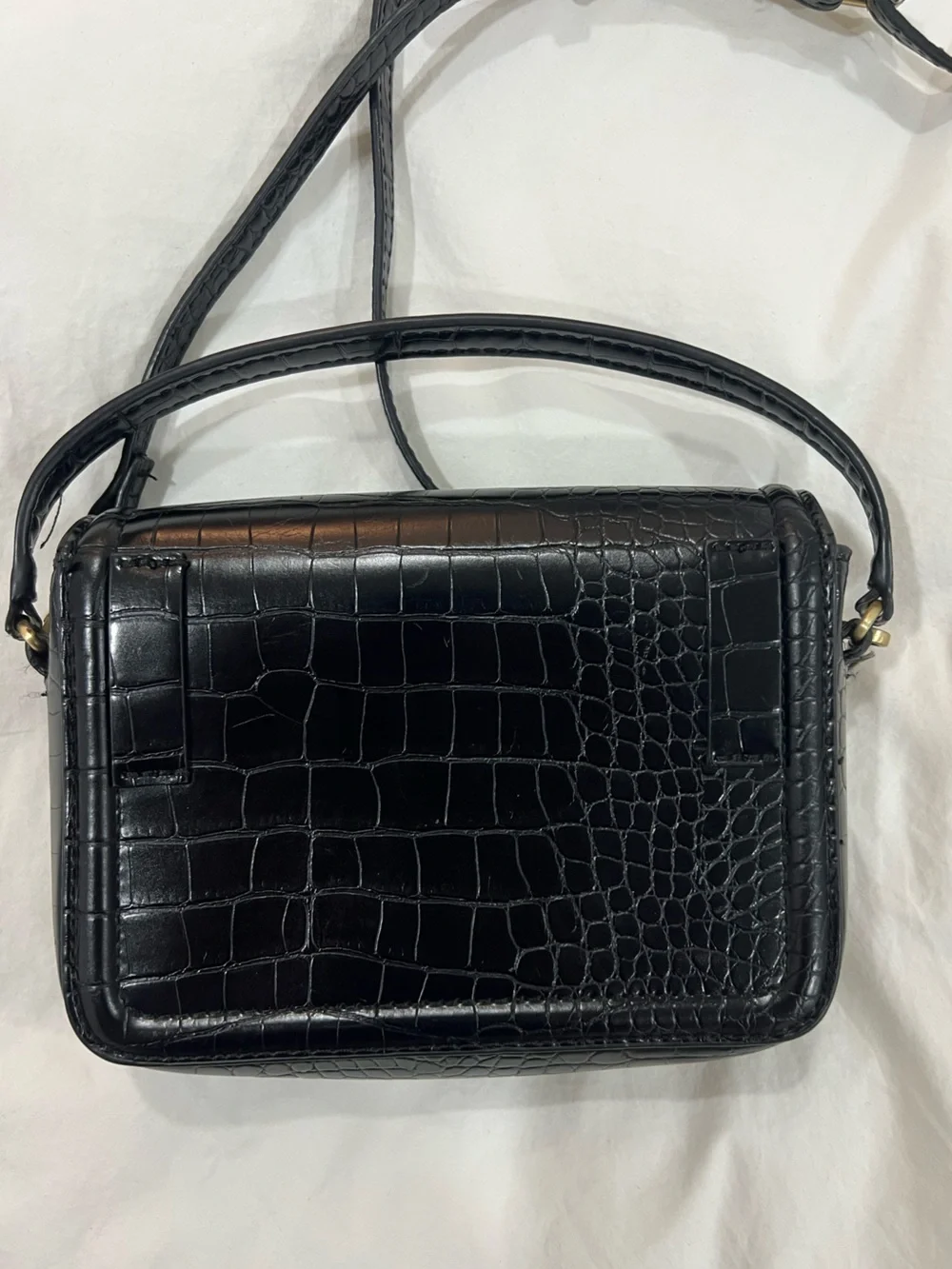 Zara Black Croc-Embossed Crossbody Bag with Gold Buckle Detail